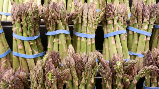 Fresh asparagus bundles on display highlighting the theme of Food Is Becoming Less Nutritious.