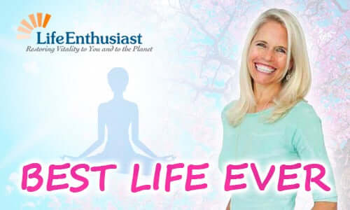 Smiling woman promoting health and wellness with the phrase BEST LIFE EVER in vibrant lettering.