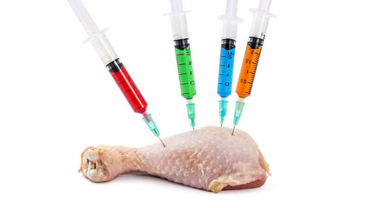 GMO Foods illustrated with syringes injecting substances into a chicken leg.