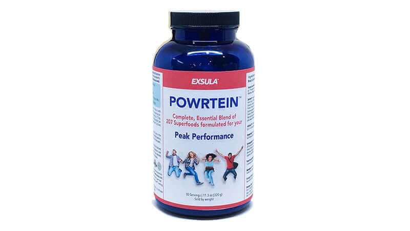 Exsula Minerals Powrtein supplement bottle for peak performance and essential nutrients.
