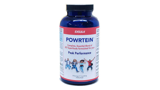 Exsula Minerals Powrtein supplement bottle for peak performance and essential nutrients.