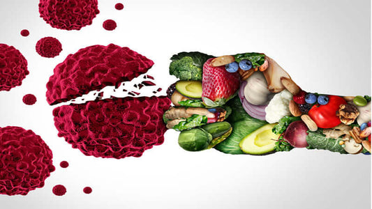 Illustration of Cancer and Nutrition, showcasing healthy foods impacting cancer cells.