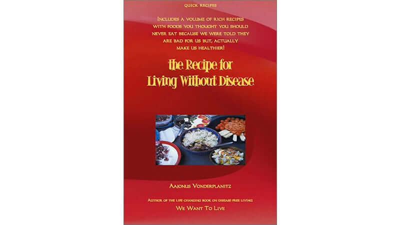 Book Recipe for Living Without Disease cover featuring healthy food recipes.