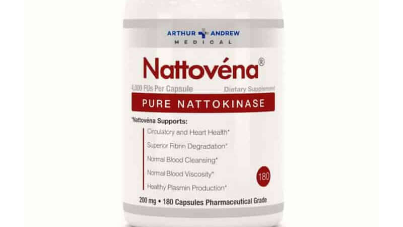 Nattokinase dietary supplement bottle promoting heart health and normal blood viscosity.