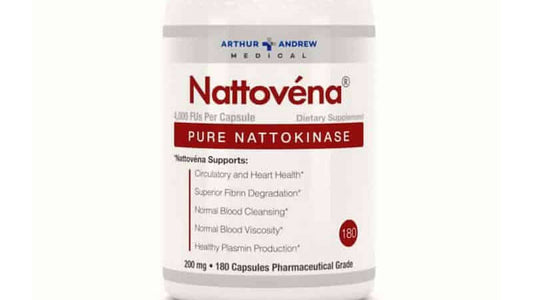 Nattokinase dietary supplement bottle promoting heart health and normal blood viscosity.