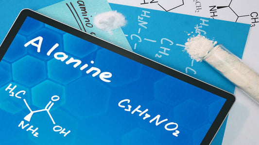 Tablet displaying molecular structure and information about Alanine on a blue background.