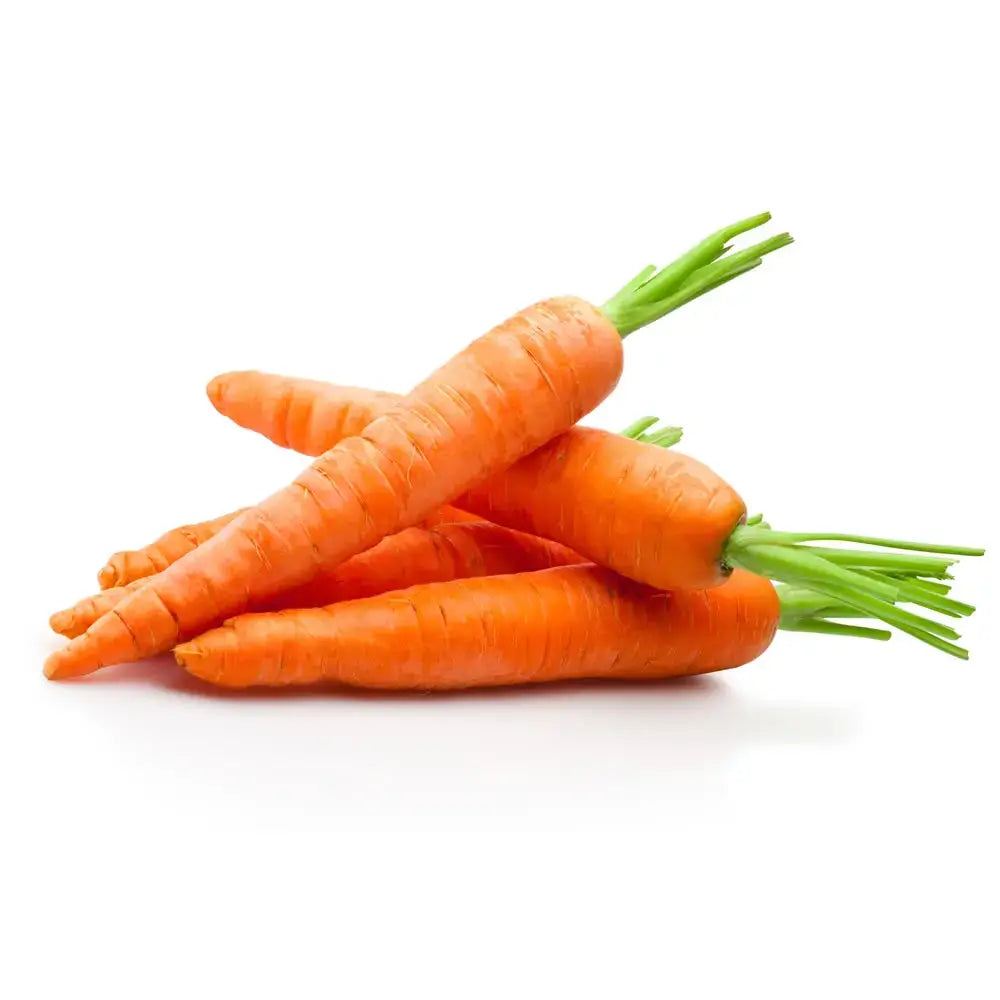 Fresh and vibrant carrots stacked neatly on a white background, showcasing their rich orange color.