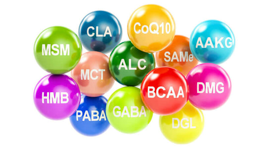 Colorful spheres labeled with various amino acids and supplements, relating to Amino Acids Help Speed Body Repairs.