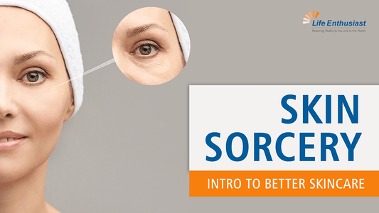 Skin Sorcery podcast cover image featuring a woman's face and skincare tips.
