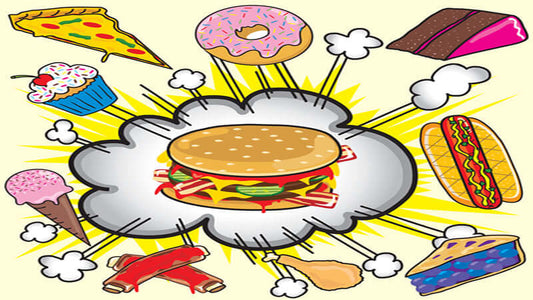 Colorful illustration of fast food items representing unhealthy choices related to Trans Fatty Acids.