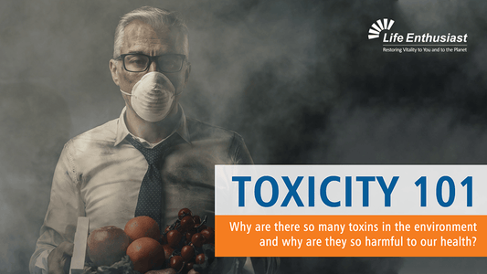 Person wearing a mask surrounded by produce, titled 'TOXICITY 101', discussing environmental toxins and health risks.
