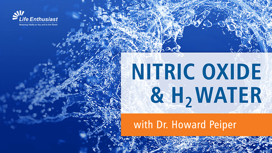 Podcast episode cover featuring Nitric Oxide and H2 Water with Dr. Howard Peiper on a blue water background.