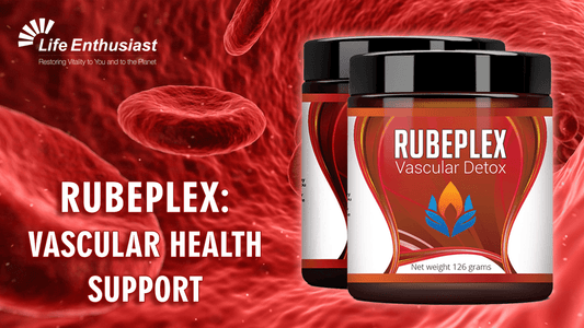 Image of Rubeplex containers promoting vascular health support and detox benefits.
