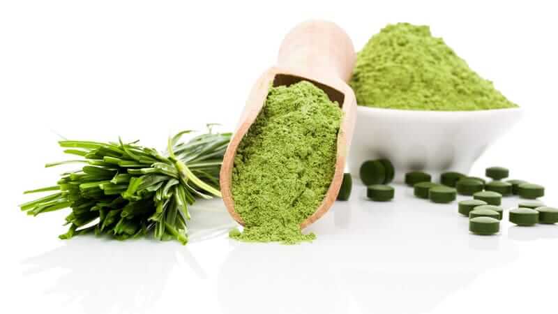 Fresh spirulina powder, tablets, and green seaweed on a white background.