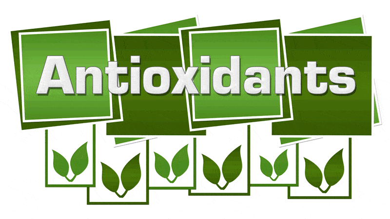 Graphic representation of Antioxidant Basics with green leaves and text highlighting antioxidants in a vibrant design.