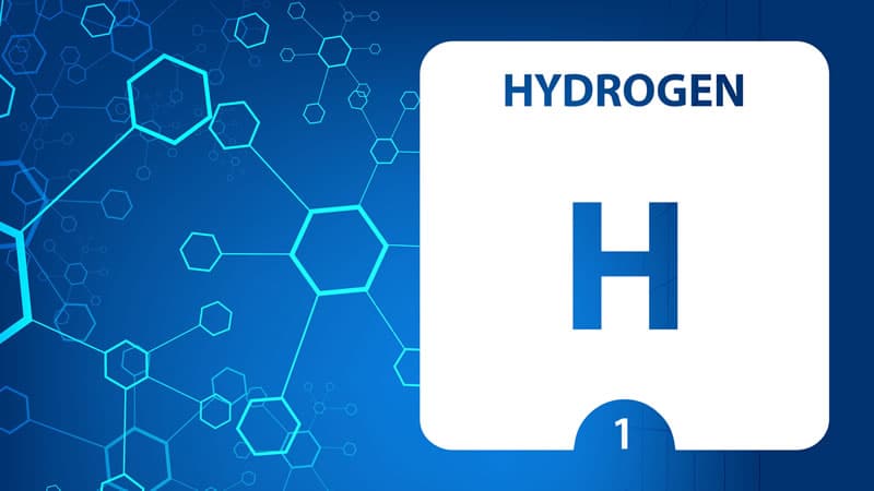 Graphic representation of hydrogen, an important antioxidant in health and wellness, showcasing the element's symbol H.