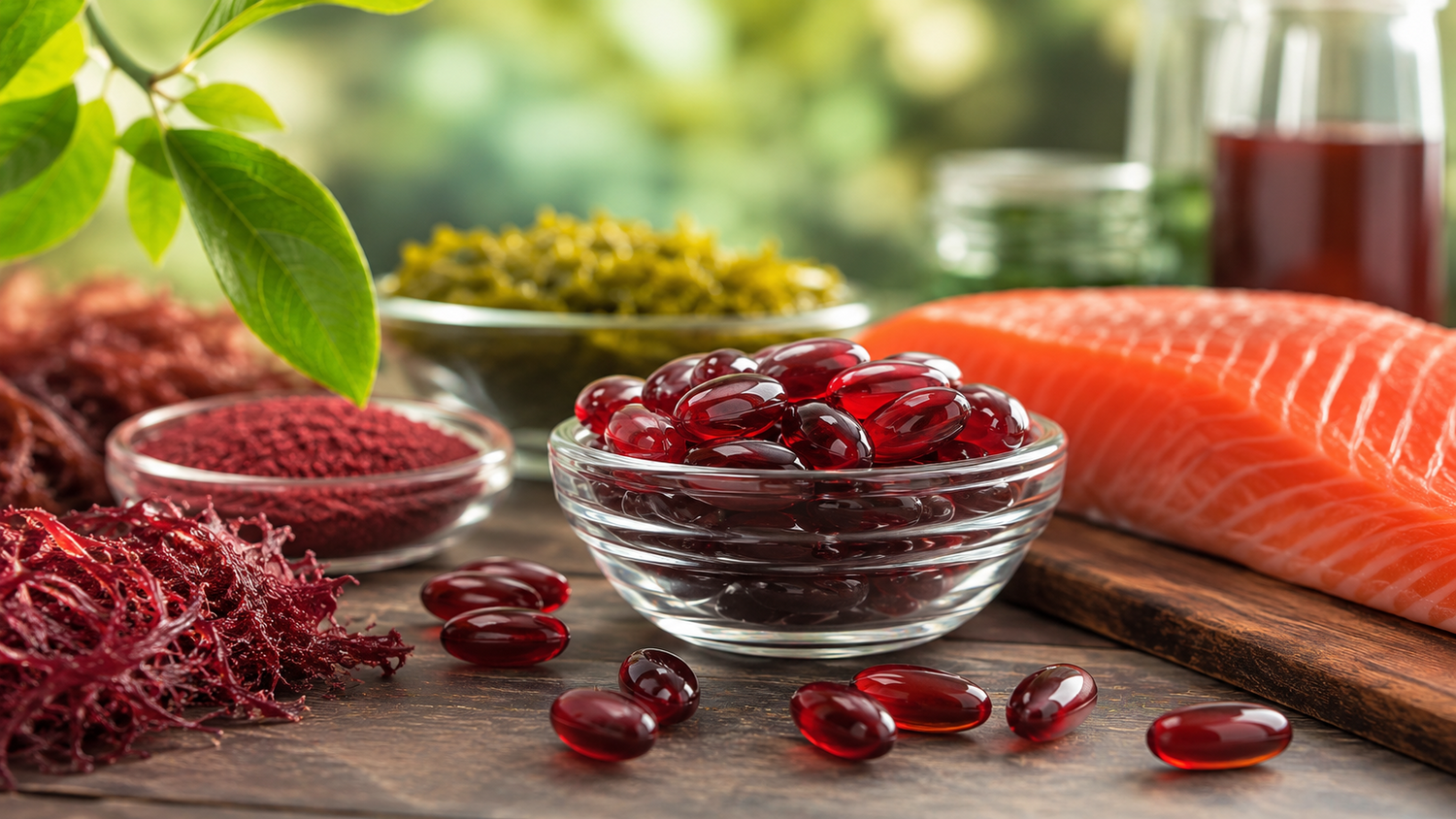 Astaxanthin antioxidant supplements with salmon and algae.