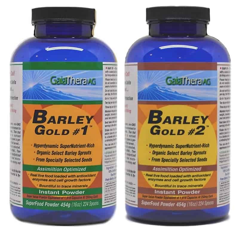 Barley Gold Alkalizing Flush product bottles showcasing organic barley sprout powders.