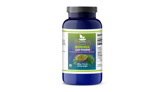 Best Greens Powder for Daily Nutrition - Exalta Organic Moringa Leaf Powder displayed in a blue container.