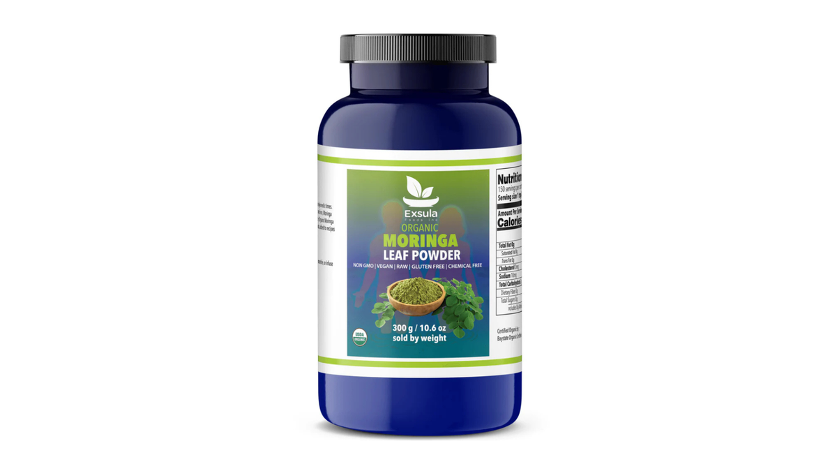 Best Greens Powder for Daily Nutrition - Exalta Organic Moringa Leaf Powder displayed in a blue container.