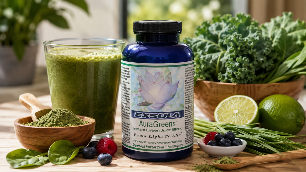 Best greens supplement with supergreens powder and fresh vegetables on display