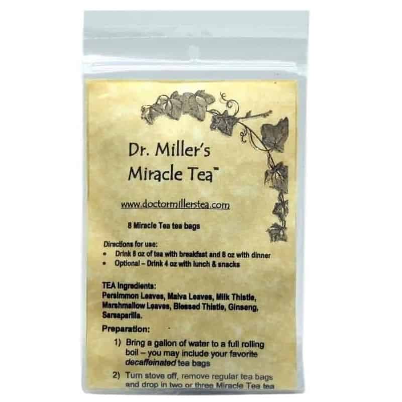 Dr. Miller Products - Dr. Miller's Miracle Tea packaging with tea bags and preparation details.