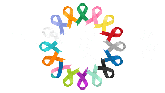 Colorful awareness ribbons arranged in a circular pattern representing different cancers and support for research.