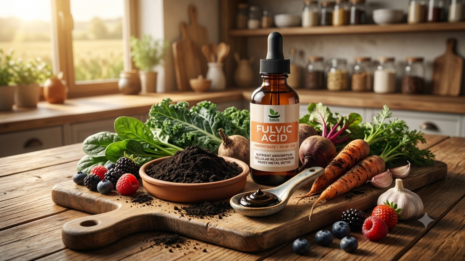 Fulvic acid foods with fresh vegetables and a fulvic mineral supplement