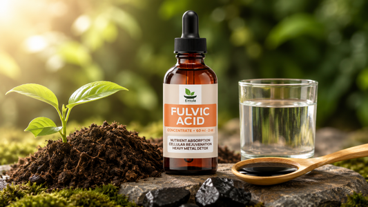 Fulvic acid supplement bottle with soil and natural elements illustrating what fulvic acid is