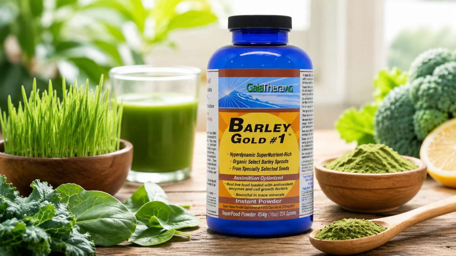 Greens powder supplement with fresh greens and smoothie for wellness support 