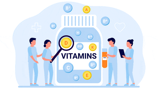 Illustration of a vitamin bottle with people discussing Immunity and Vitamins: Why Experts are Silent.