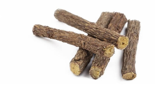 Licorice roots displayed on a white background, showcasing their natural texture and color.