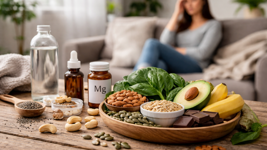 Magnesium-rich foods with a tired woman in the background
