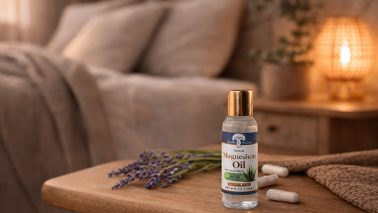 Magnesium oil bottle on bedside table at night
