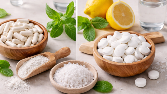 Magnesium supplements with capsules, tablets, and natural ingredients on a table.