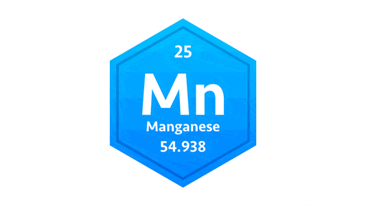 Chemical symbol for Manganese (Mn) with atomic number 25 and atomic weight 54.938.