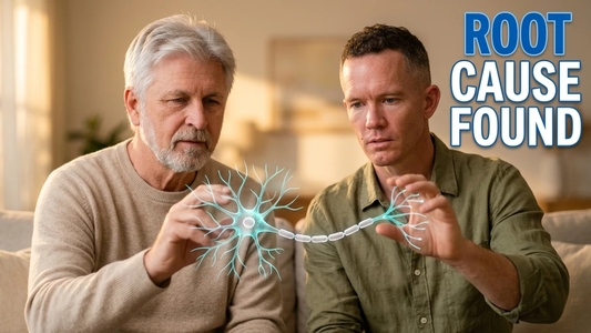 Two men discussing healing the nervous system with a digital representation of neuron connections.