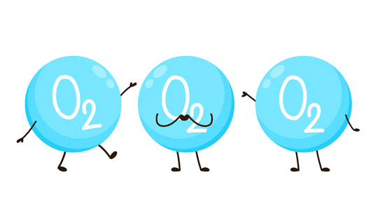 Three blue animated oxygen molecules illustrating Optimal Oxygenation Basics.