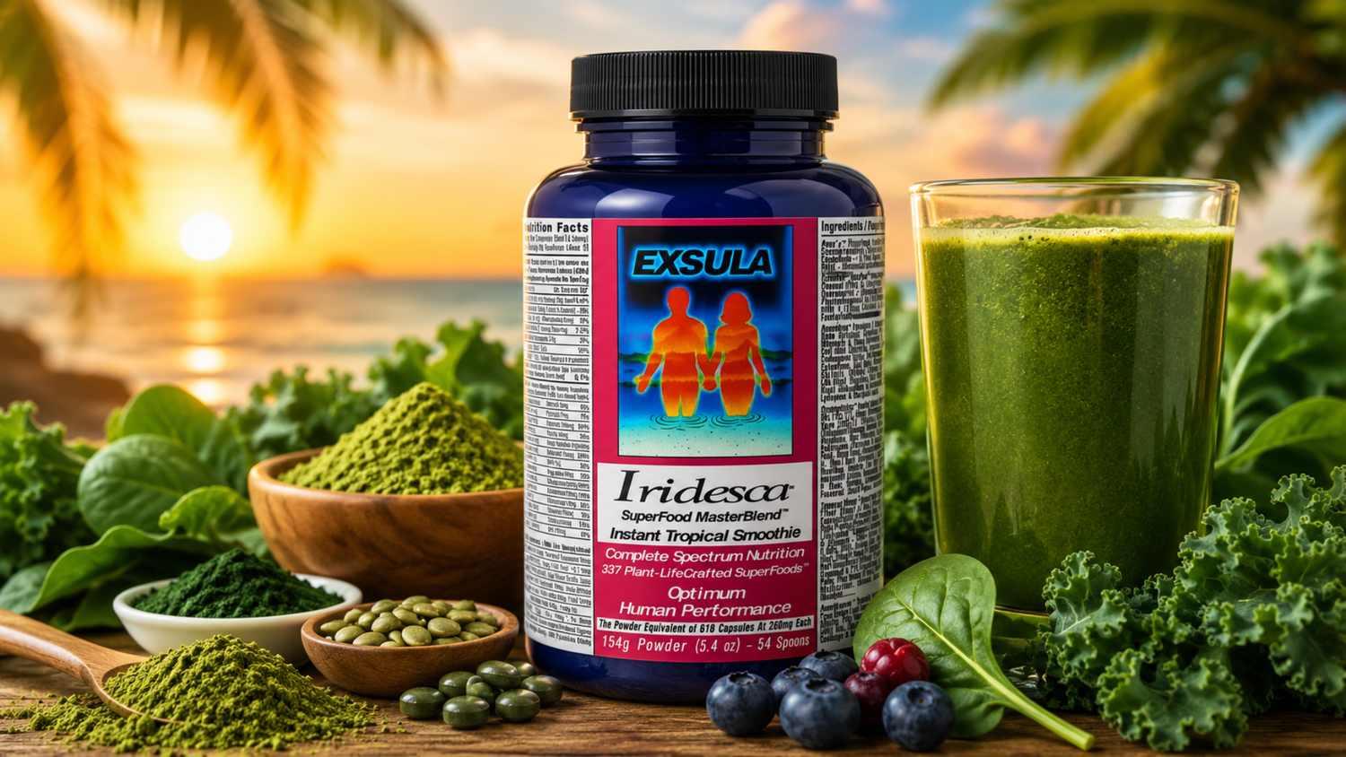 Organic superfood powder with fresh greens and smoothie ingredients. 