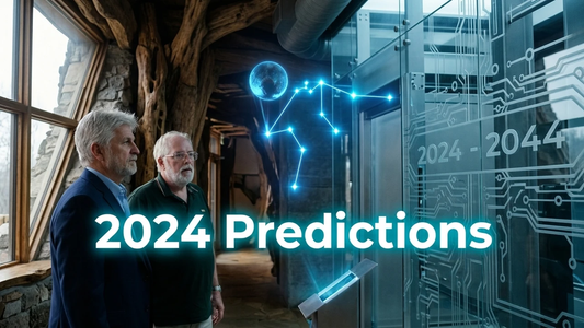 Two men discussing future trends and technology with glowing text reading '2024 Predictions'.