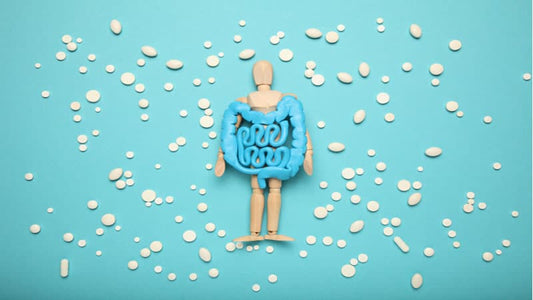 Probiotic Lactobacillus Rhamnosus illustration with a model and pills on a blue background.