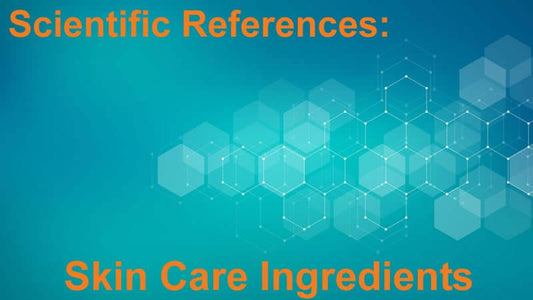 Scientific References: Skin Care Ingredients with a blue geometric background.