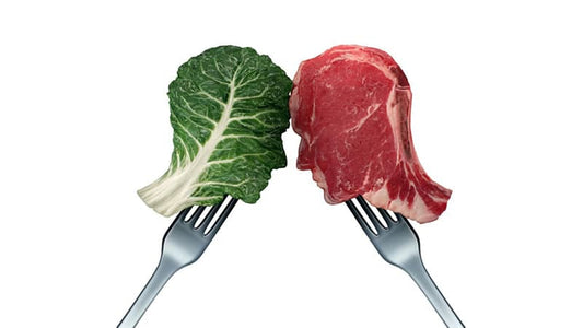 The Confusion of Vegetarianism depicted with a leaf and steak on forks.
