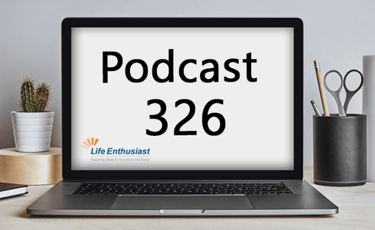 Podcast 326 discussing Eating Fish from Polluted Oceans on a laptop screen.