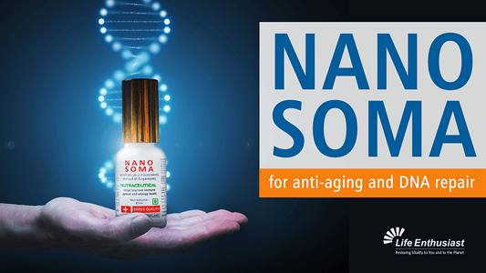 Nano Soma for anti-aging and DNA repair showcasing a product bottle in a hand with a glowing DNA strand backdrop.