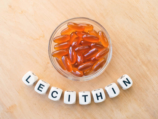 Bowl of lecithin softgels with letter blocks spelling Lecithin Basics to illustrate key benefits.