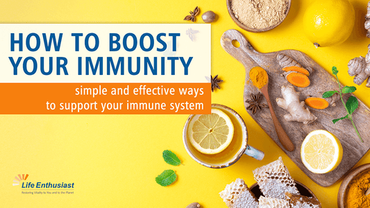 Image illustrating 8 Ways to Boost Your Immunity with ingredients like lemon and turmeric on a bright yellow background.