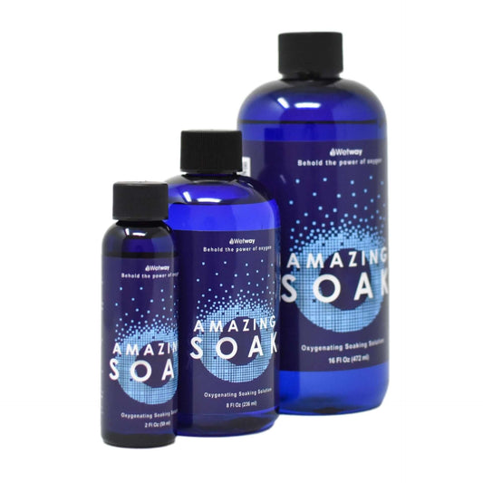 Amazing Soak Relieves Pain - Three bottles of Amazing Soak oxygenating soaking solution in blue containers.