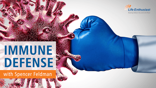 A graphic illustration of a blue boxing glove hitting a virus, emphasizing Immune Defense with Spencer Feldman.