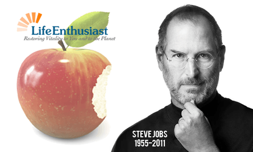 Steve Jobs and the Truth About Cancer with bitten apple and Life Enthusiast logo